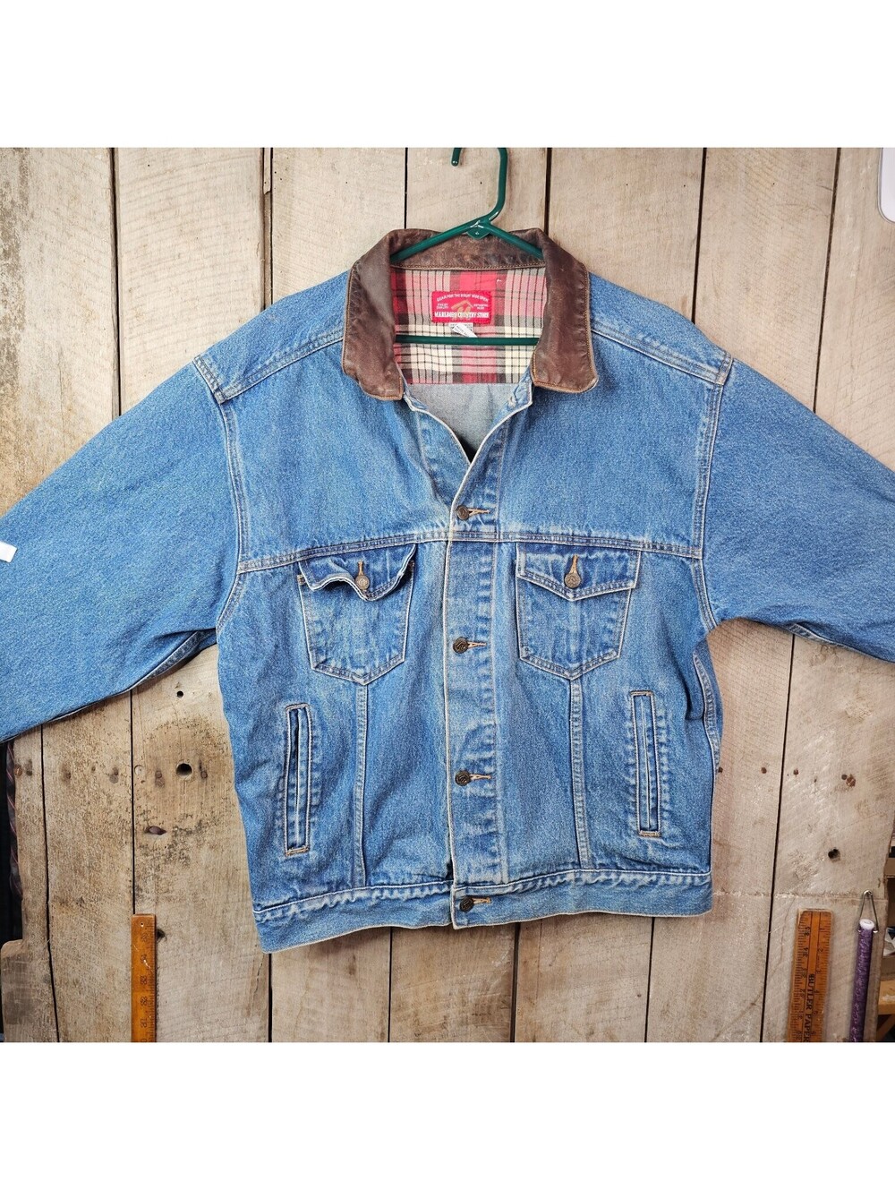 Marlboro Country Store Men's Large L Blue Denim Jacket Leather Collar Flannel